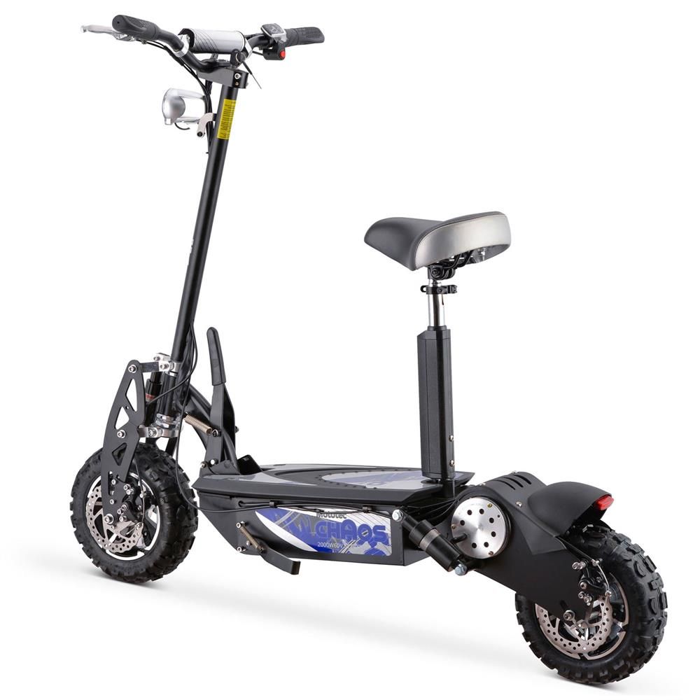 Black electric scooter with a seat on a white background