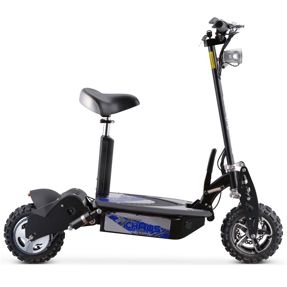 Black electric scooter with a seat on a white background