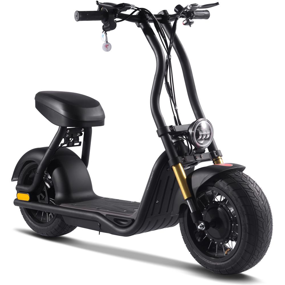 Black electric scooter with gold accents on a white background