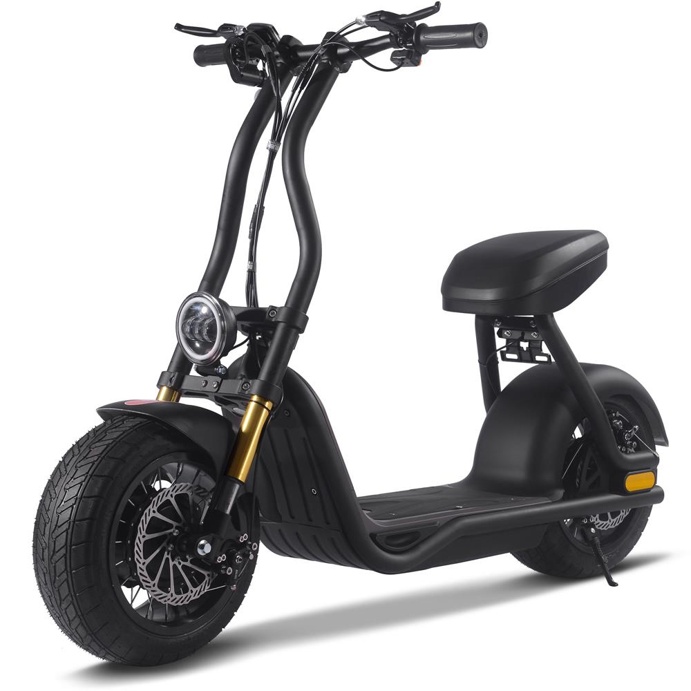 Black electric scooter with gold accents on a white background