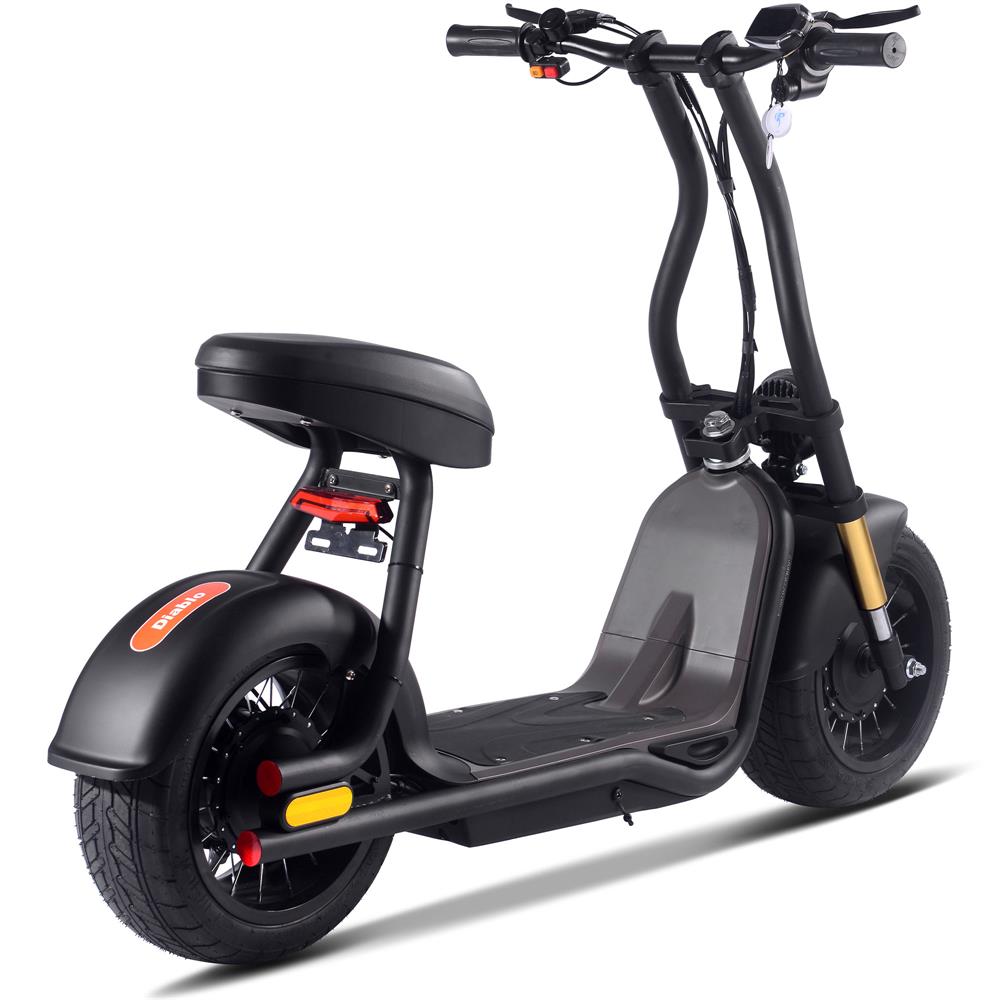 Black electric scooter with a seat on a white background