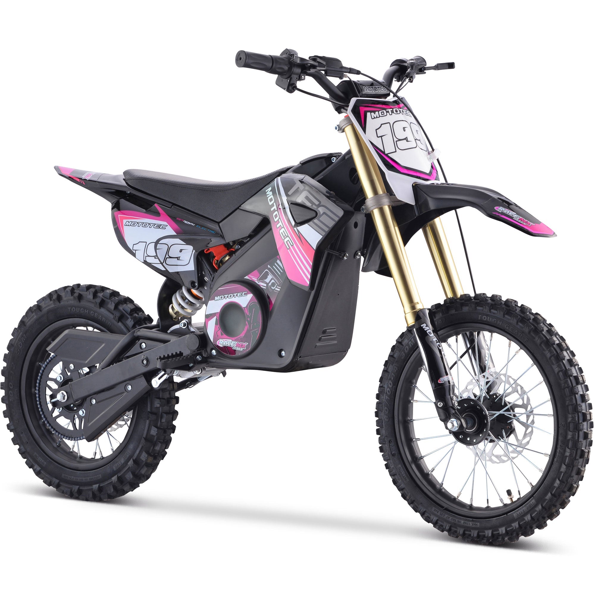 Children's dirt bike with pink and black design on a white background