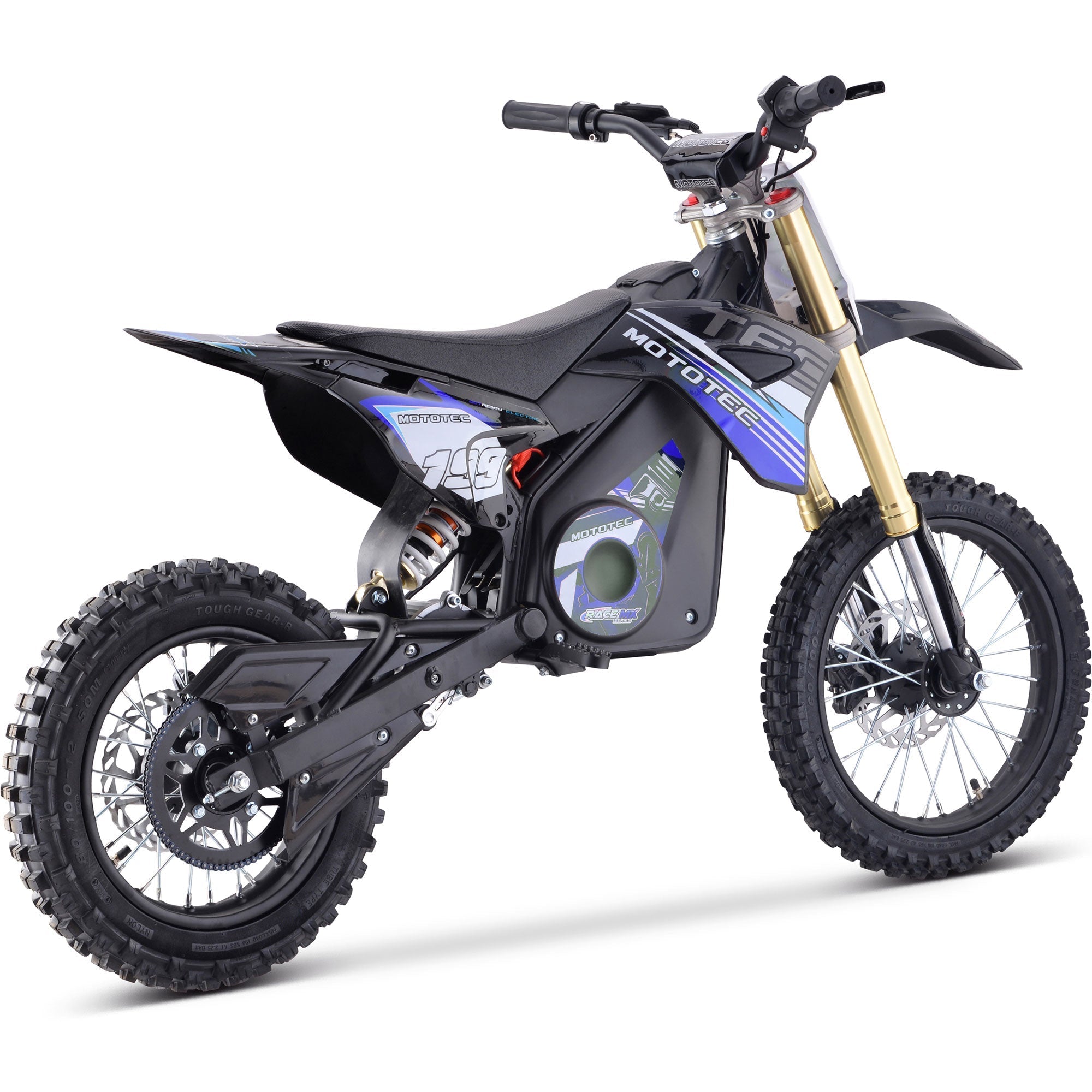 Black dirt bike with gold suspension on a white background
