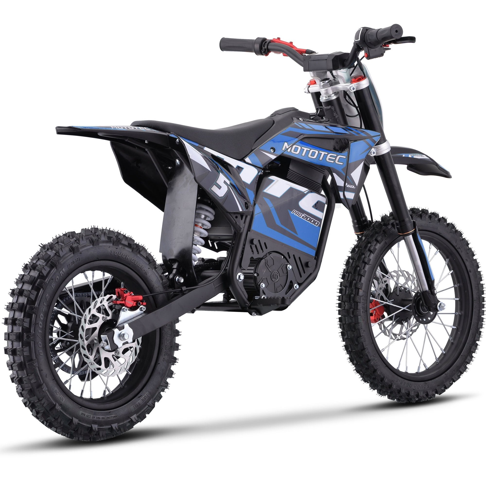 Blue Mototec electric dirt bike on a white background