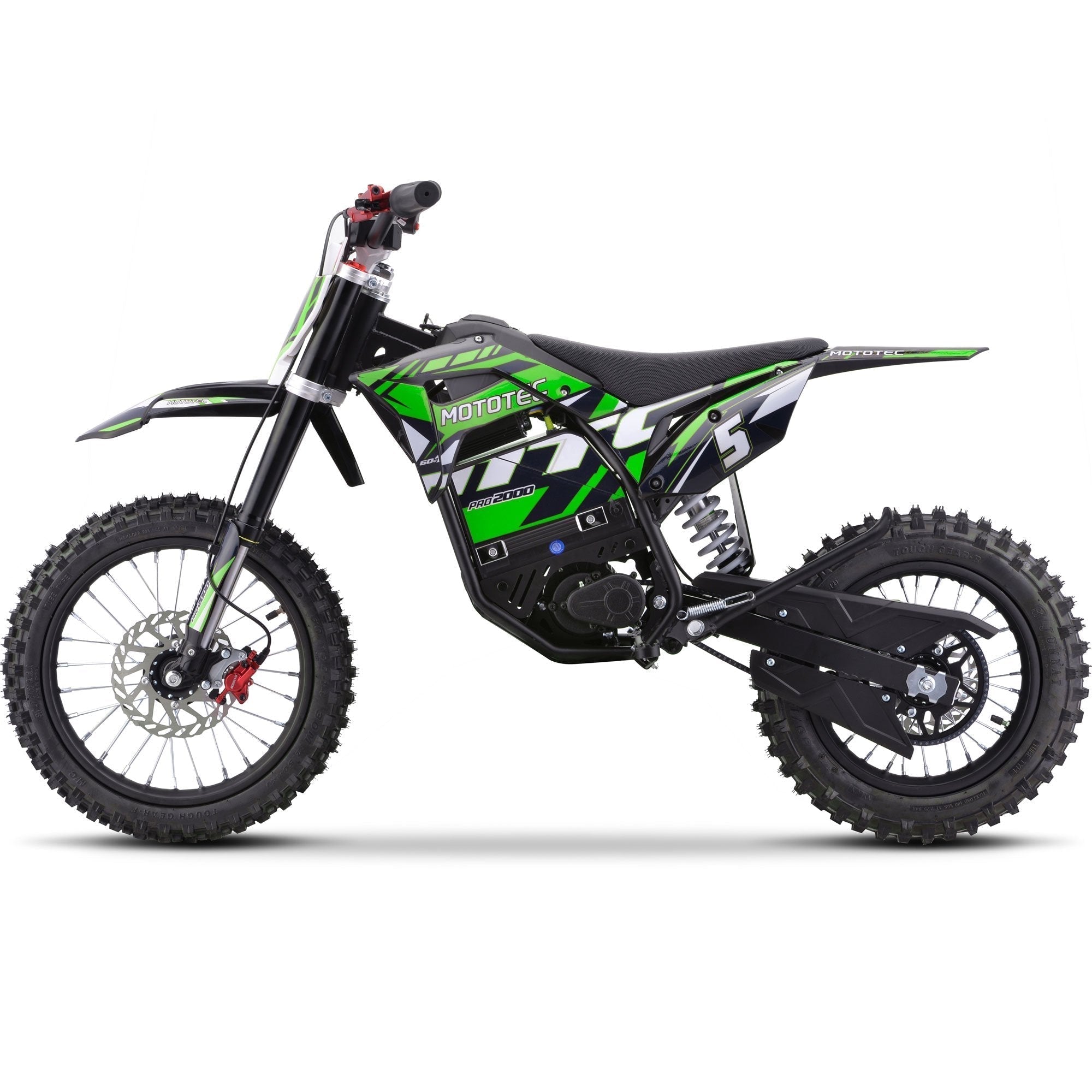 Green and black dirt bike on a white background