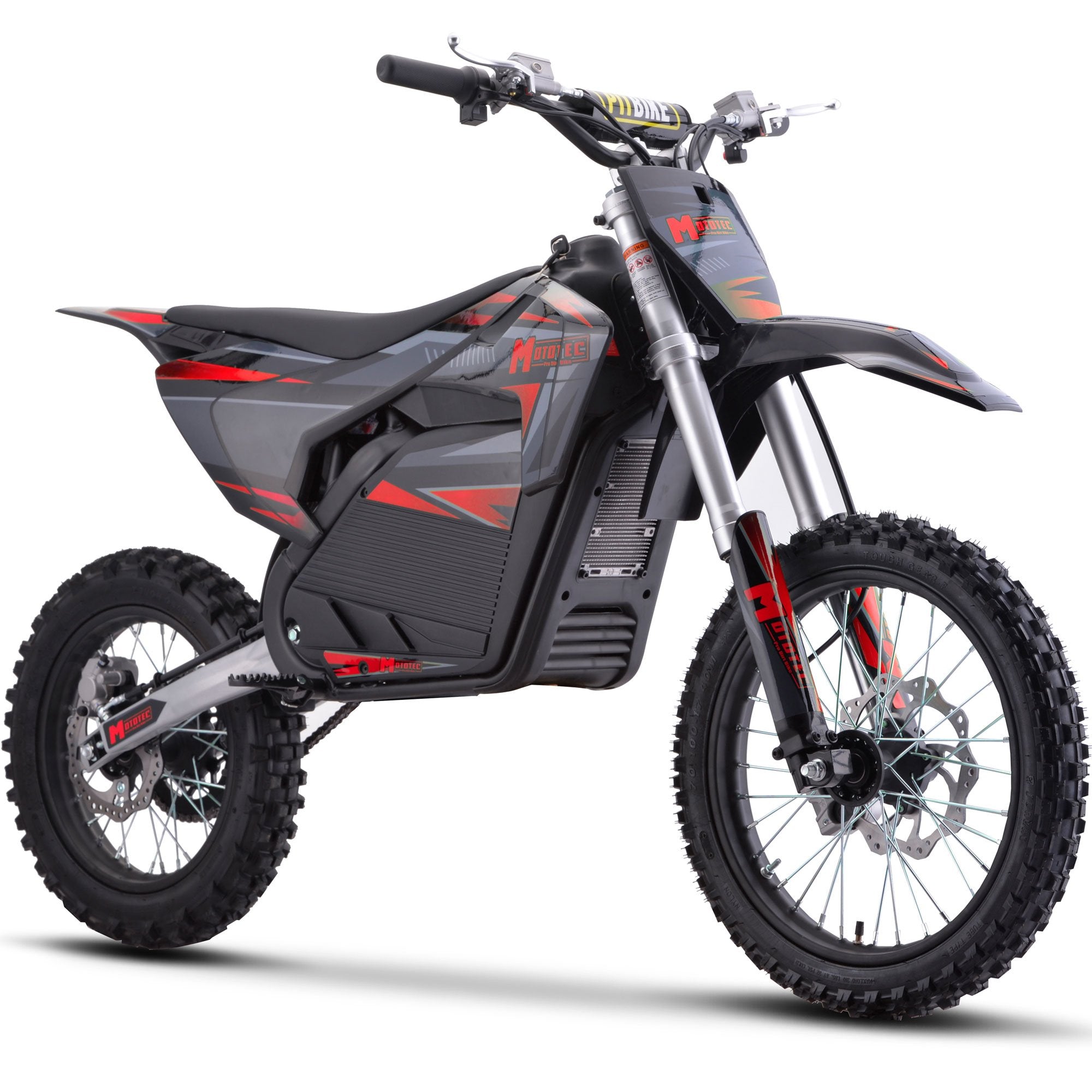 Electric dirt bike with a black and red design on a white background