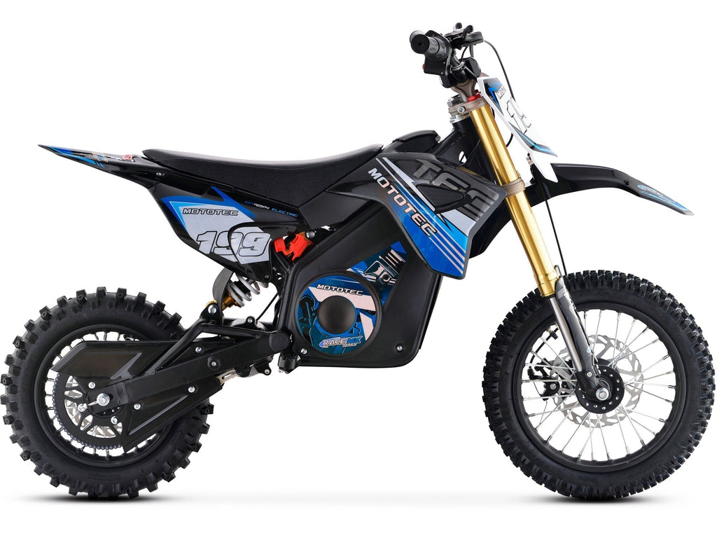 Black and blue dirt bike with visible branding on a white background
