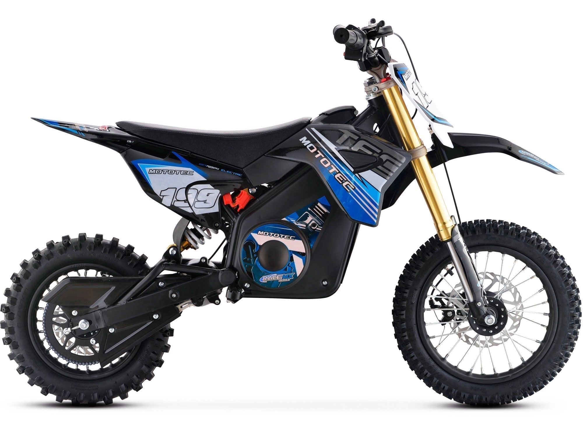 Black and blue dirt bike with visible branding on a white background