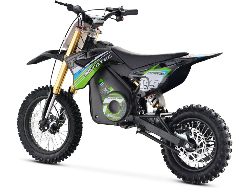 Black and green dirt bike with 'Mototec' branding on a white background