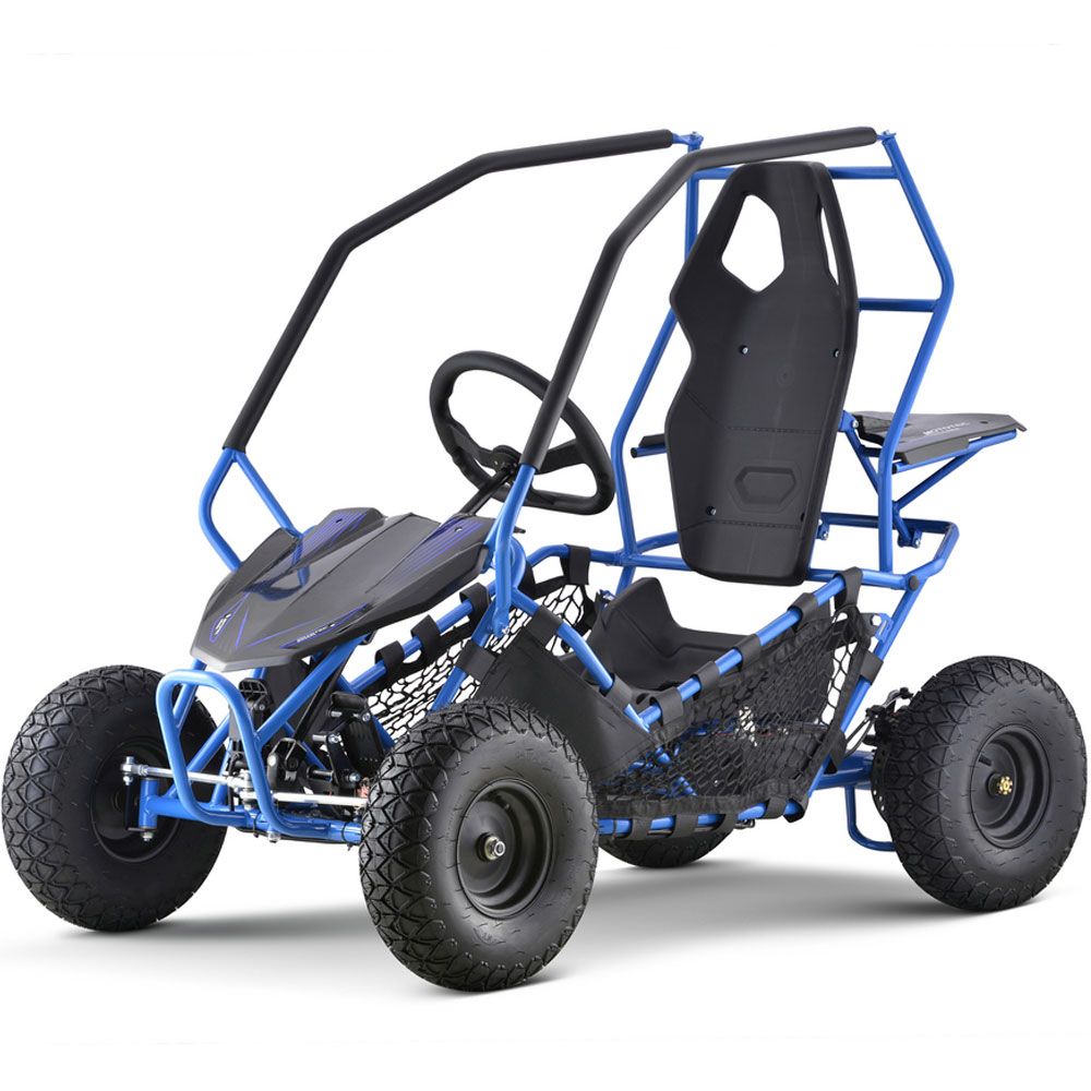 Blue and black go-kart on a white background