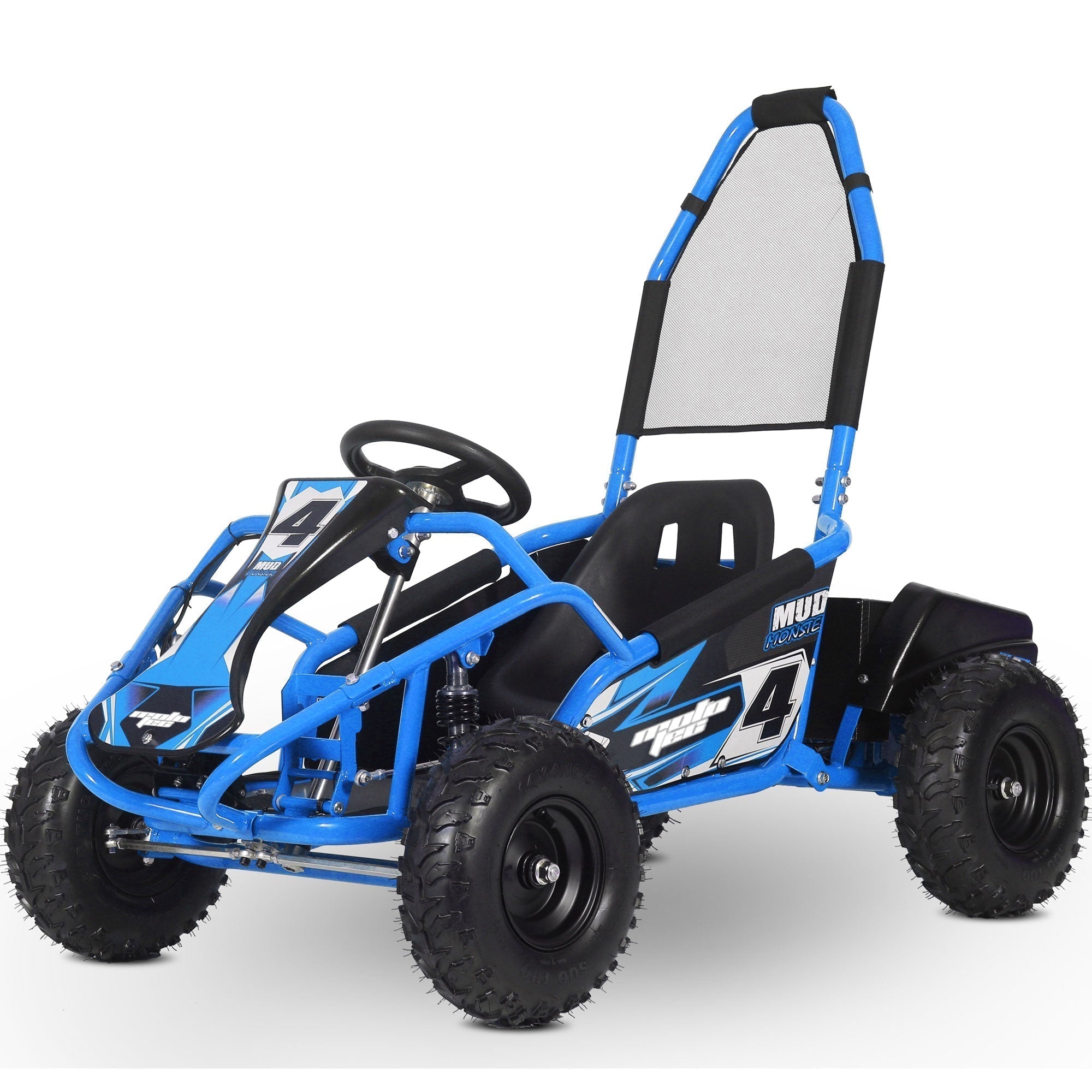 Blue and black MotoTec toy go-kart 