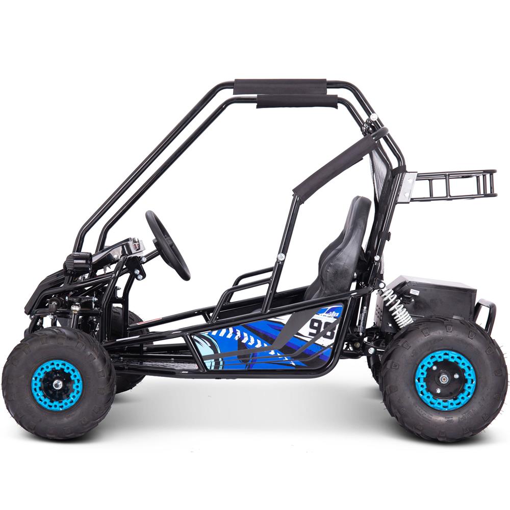 Black go-kart with blue accents on a white background
