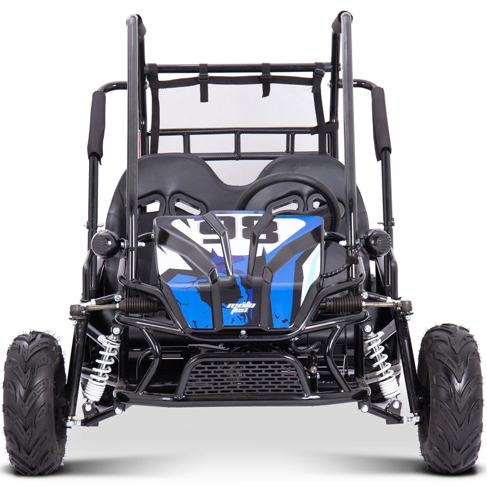 Black and blue off-road vehicle with a transparent canopy on a white background