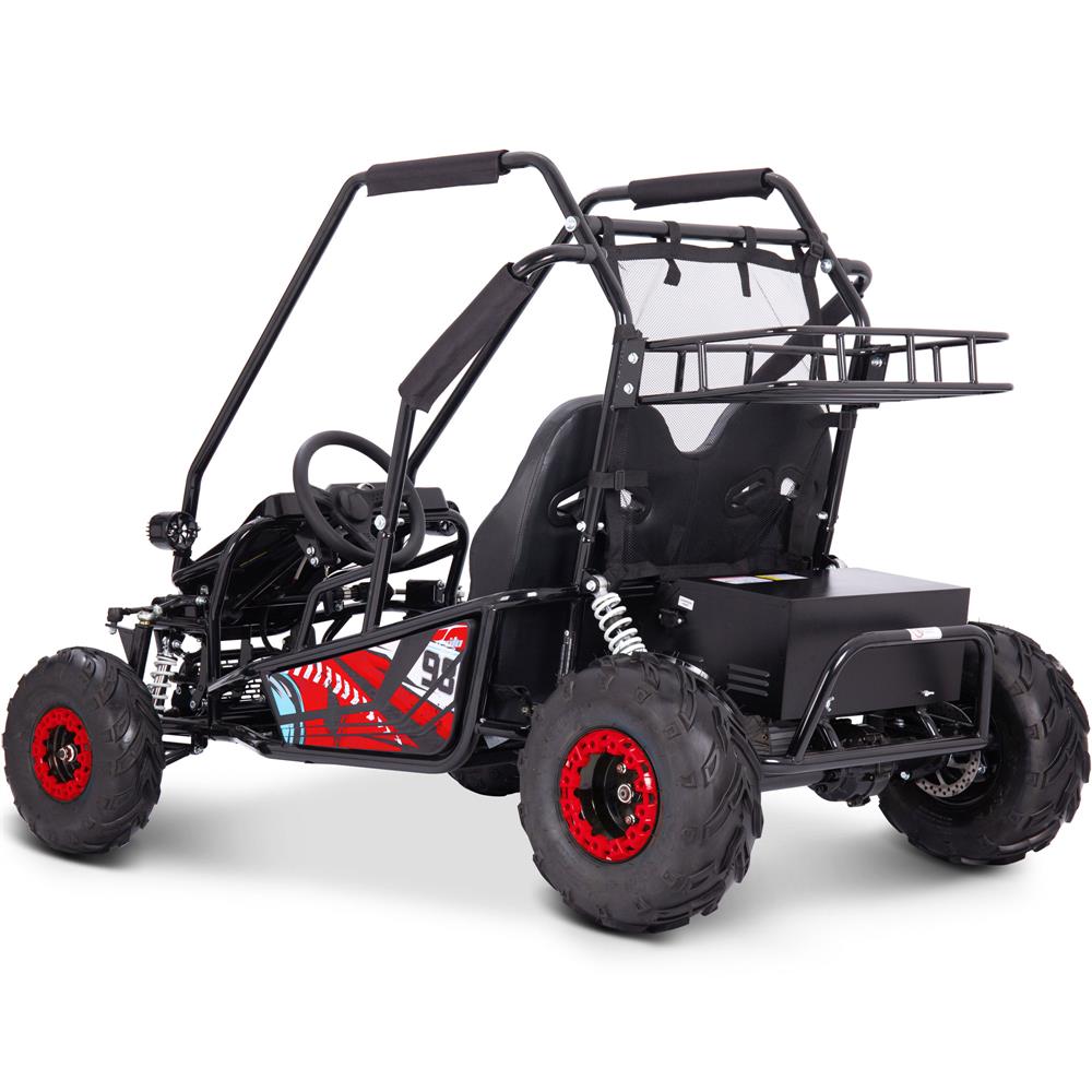 Black off-road vehicle with red wheels on a white background