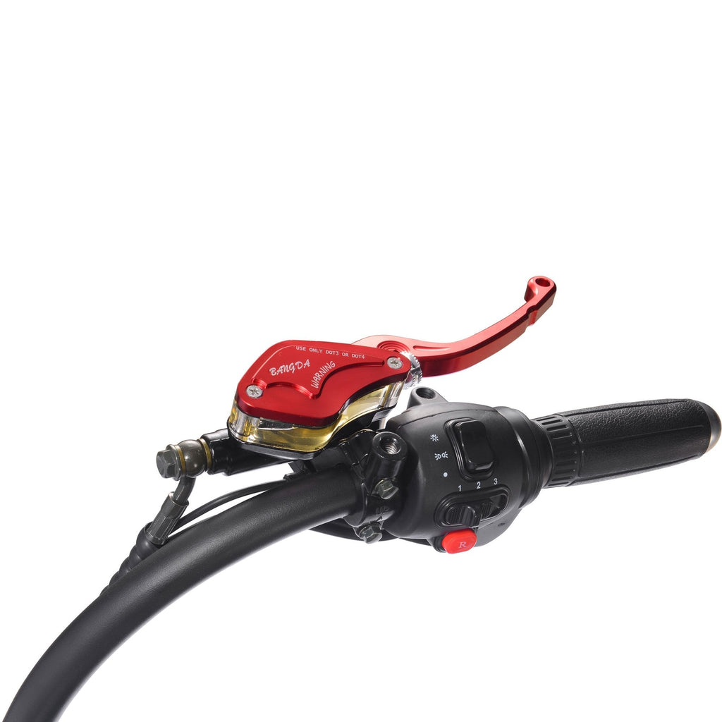 Close-up of a MotoTec red brake lever and black handlebar on a white background