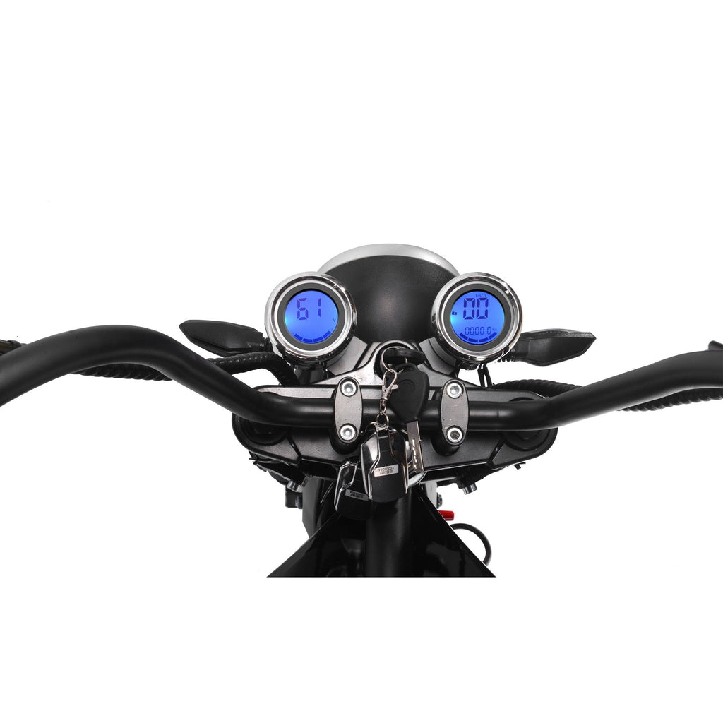 MotoTec e-scooter handlebar with digital gauges on a white background