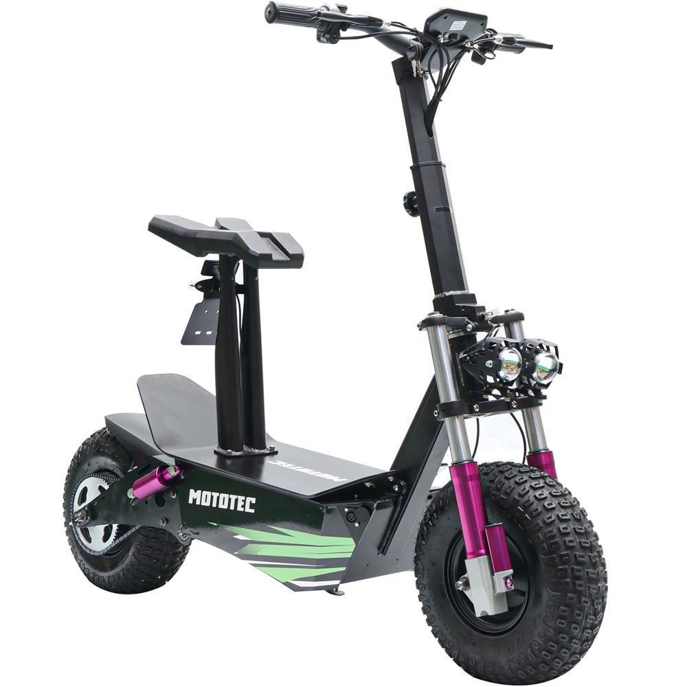 Black electric scooter with purple accents on a white background