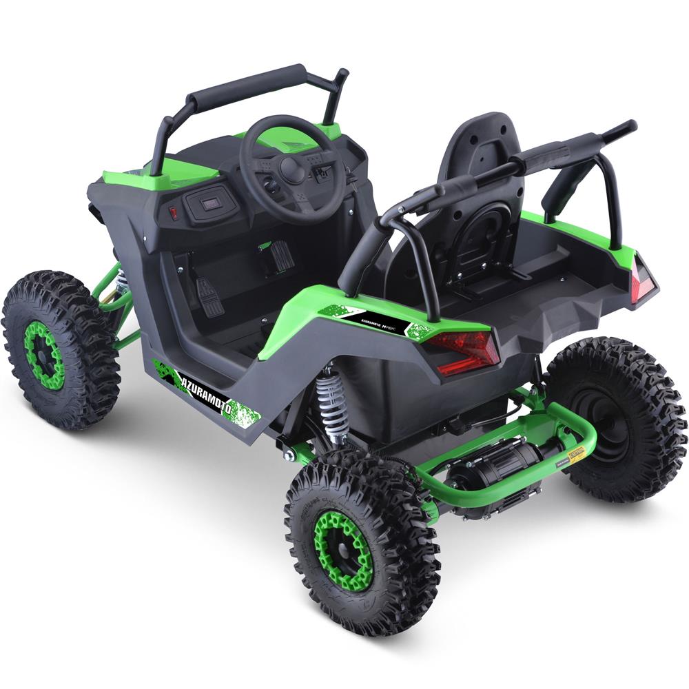 Green and black toy off-road vehicle on a white background