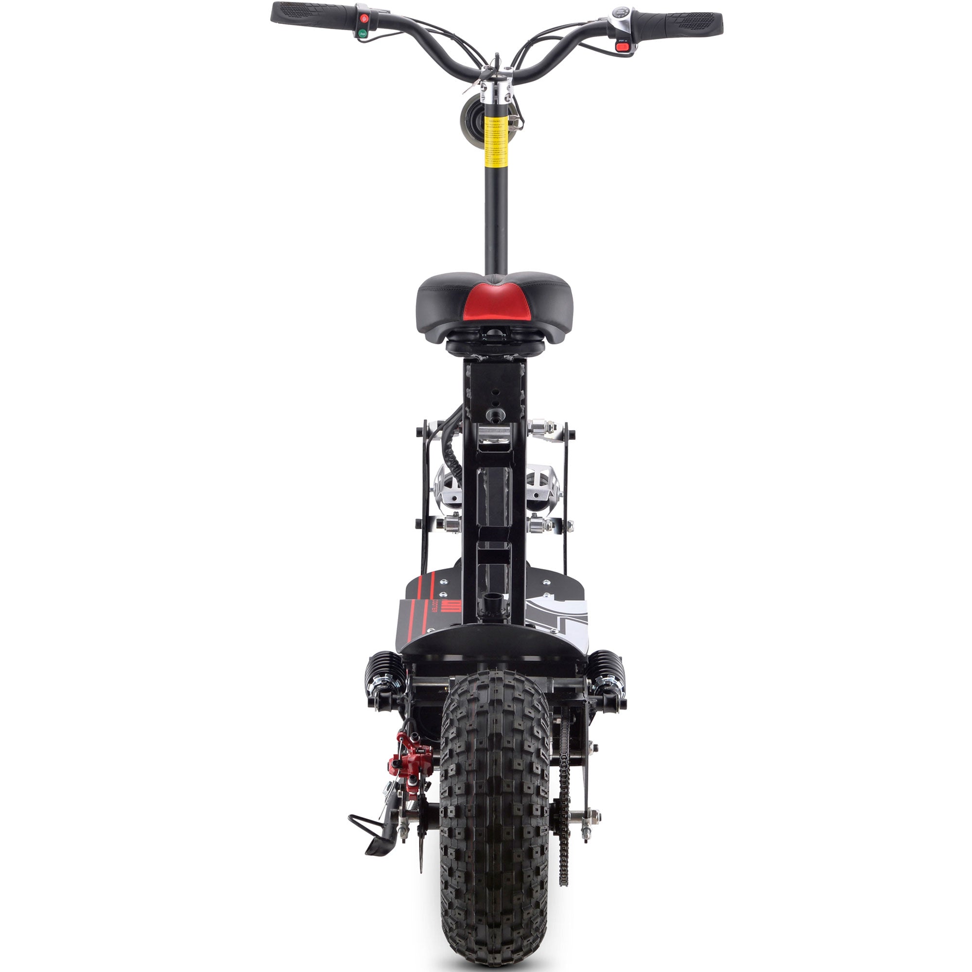 Vulcan black electric scooter with red trim and knobby tires