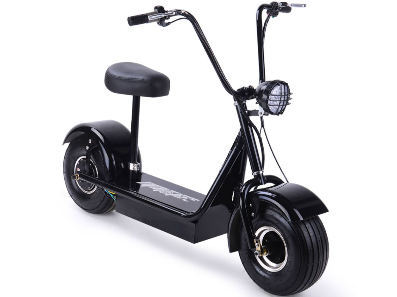 Black electric scooter with large wheels on a white background