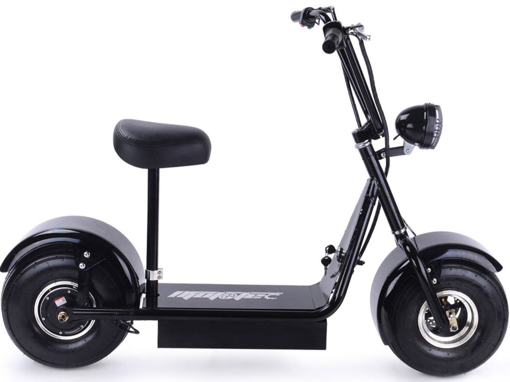 Black MotoTec electric scooter with large wheels on a white background