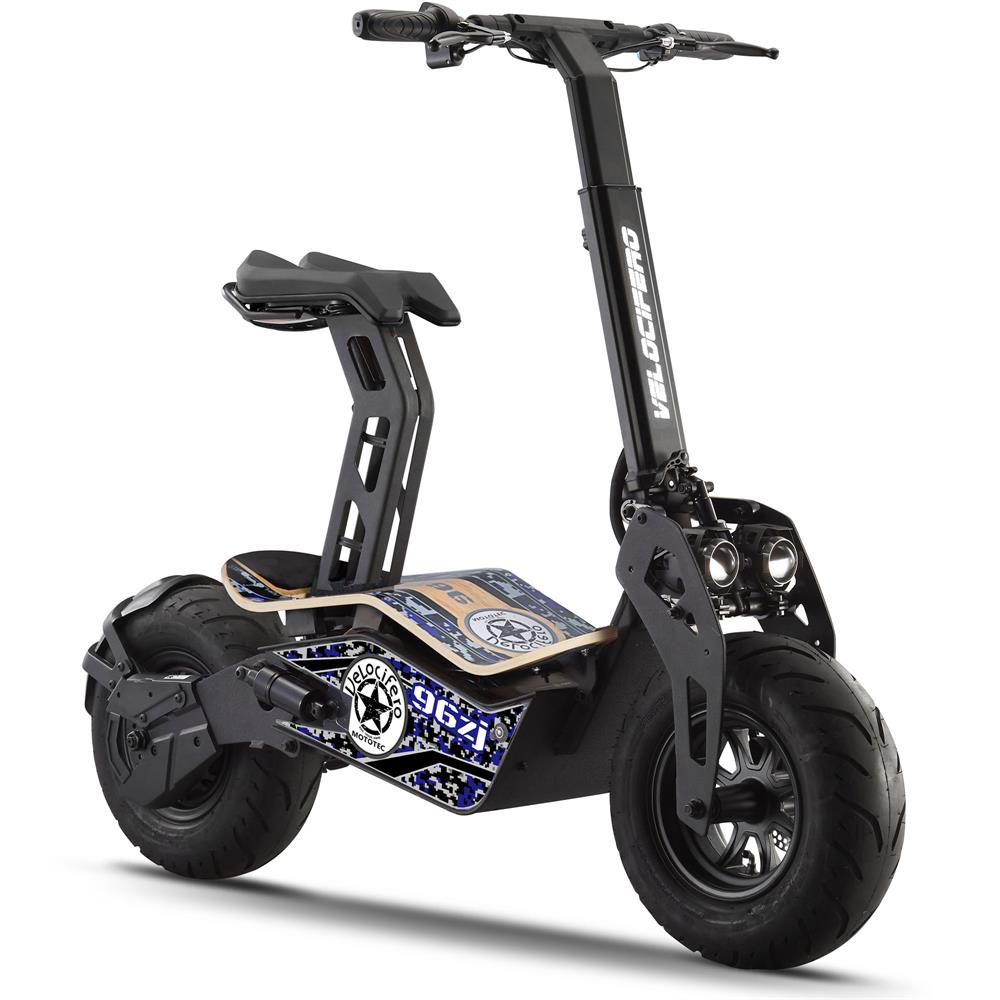 Black MotoTec electric scooter with blue and white design 