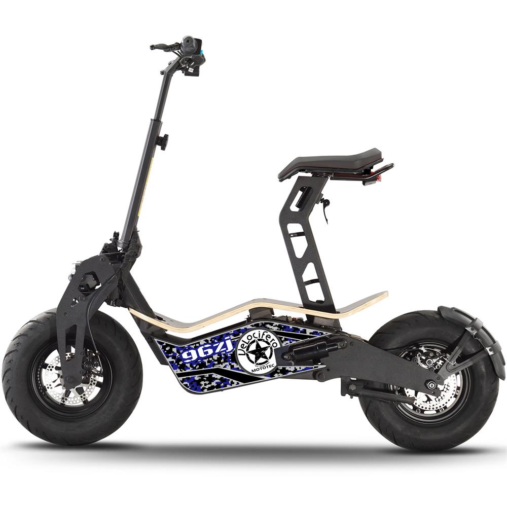Black MotoTec e-scooter with blue and white design 