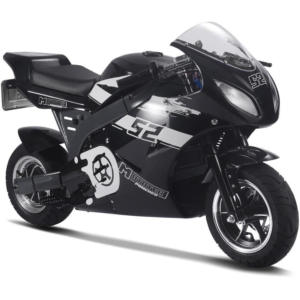 Black toy motorcycle with clear windshield on a white background